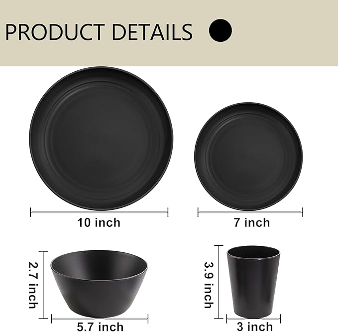 LIYH 48 Pcs Black Wheat Straw Plates and Bowls Dinnerware Set Camping Dish Set for 12,Plastic Plates and Bowls,Dishwasher Safe Dinnerware Set,Unbreakable Plastic Camper Dish Sets