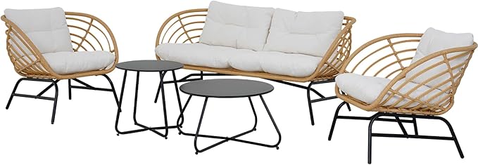 Grand patio 5-Piece Boho Outdoor Furniture Set, Wicker Sofa Set with Beige Thick Cushions and 2 Coffee Tables, Conversation Set for Backyard,Balcony,Poolside