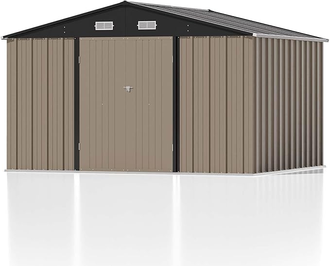 Patiowell 10 x 8 FT Outdoor Storage Shed, Large Garden Tool Metal Shed with Sloping Roof and Double Lockable Door, Outdoor Shed for Backyard Garden Patio Lawn, Brown