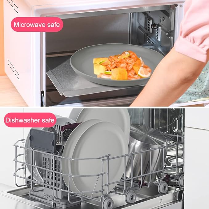 Wheat Straw Dinnerware Sets - 24 pcs Lightweight Bowls Unbreakable Dish Set Dishwasher Microwave Safe Wheat Straw Cups Cutlery Plates and Bowls Set for 4 Suitable for Camping Party Grill（Grey）