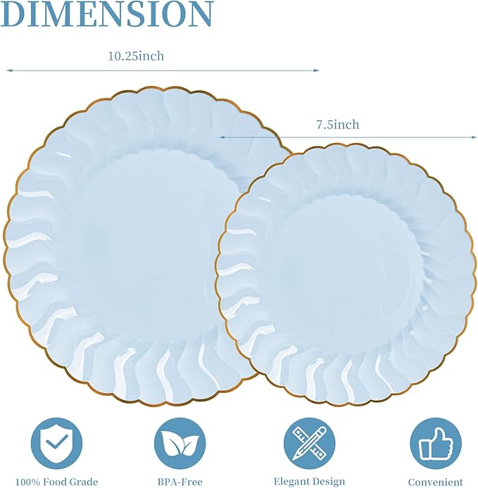Lullaby 60PCS Light Blue Plastic Plates with Gold Rim, Includes 30PCS Dinner Plate 10'' and 30PCS Dessert Plate 7.5'', Baby Blue Plastic Plates for Party, Wedding and Daily Use