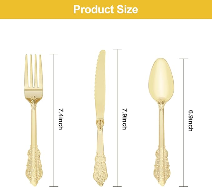 150PCS Gold Plastic Silverware for 50 Guests, Heavy Duty Gold Disposable Utensils Sets, Includes 50 Forks, 50 Spoons, 50 Knives, Elegant Cutlery Perfect for Wedding, Party