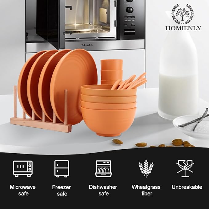Wheat Straw Dinnerware Sets, Homienly 20pcs Unbreakable Microwave Dishwasher Safe Tableware Lightweight Bowls, Cups, Plates Set Reusable Dinner Plates Bowls set (Orange)