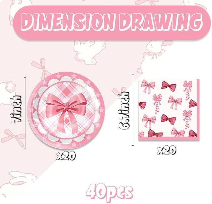 40Pcs Pink Bow Birthday Party Decorations for 20 Guests - Pink Bow Plates and Napkins Party Supplies for Girls Baby Shower