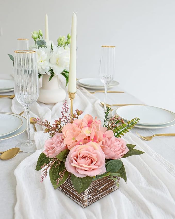 DILATATA Flower Arrangement with Wooden Vase 8" Artificial Flowers in Pot - Fake Flowers Roses Peonies Hydrangeas in Wooden Vase Potted Flower Centerpieces for Table Decor Living Room - Dusty Pink