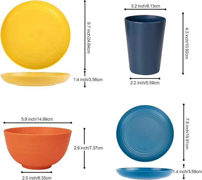 LIYH 48 Pcs Wheat Straw Dinnerware Plates and Bowls Set Dishwasher Safe Unbreakable Light Weight Plates Service for 12 Reusable Multicolor Dinnerware Set Dish Sets 24 Plate 12 Bowl 12 Cup