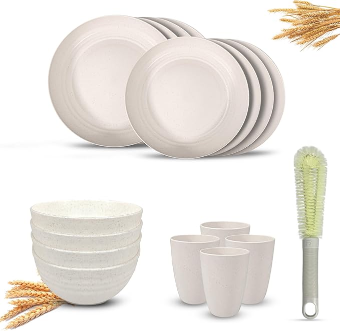 Kitchen Wheat Straw Dinnerware Sets (17pcs) Attached cleaning brush,Service For 4,Plastic Plates and Bowls Sets,Unbreakable Dinnerware,Lightweight Plastic Plate Set (off-white)