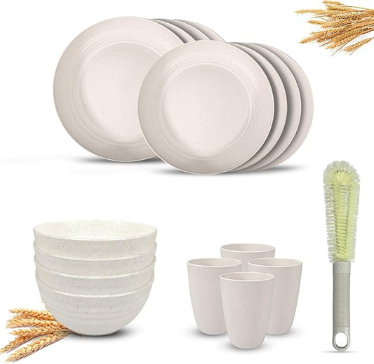 Kitchen Wheat Straw Dinnerware Sets (17pcs) Attached cleaning brush,Service For 4,Plastic Plates and Bowls Sets,Unbreakable Dinnerware,Lightweight Plastic Plate Set (off-white)