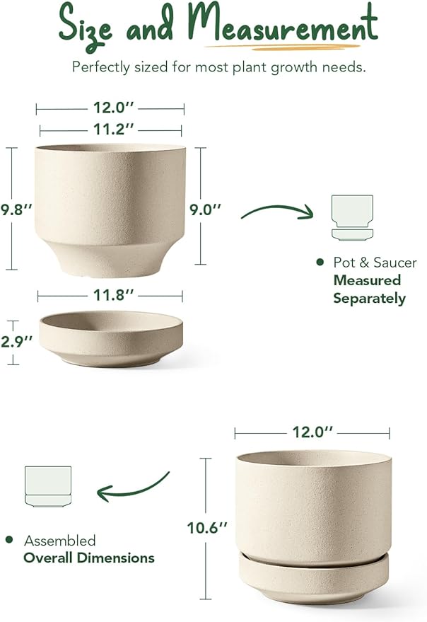LE TAUCI 12 Inch Pots for Plants with Saucer | Ceramic Outdoor & Indoor Planter Pot for Plants | Drainage Hole, Mesh Pad & Plug | Unglazed Porous | Modern for Home, Office and Patio – Speckled Oat