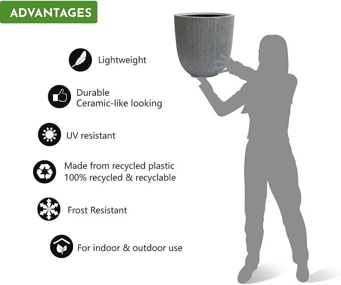 14.8" Tall Round Plastic Planter for Indoor Outdoor Plants, Large Indoor Outdoor Plant Pots with Drainage Hole and Plug, Flower Pots for Plants, Modern Decorative Planter Pots for Home Garden Patio