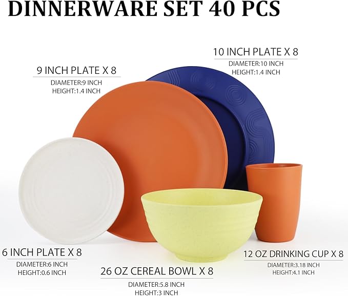 Wheat Straw Dinnerware Sets 40 PCS - Dishes Set for 8 Unbreakable Plates and Bowls Sets with Cups Dishwasher & Microwave Safe Lightweight Dinnerware for Kitchen Camping RV - Mondrian Colors