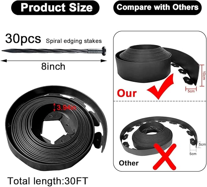 Landscape Edging 33FT,Garden Edging Borders [Extra Tall 4IN High] Flexible Lawn Edging Kit with 30pcs Stakes,Mini Plastic Fence for Landscaping Yard Flowerbeds,Grass-Black