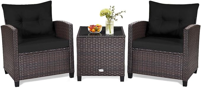 HAPPYGRILL 3 Pieces Patio Conversation Set, Outdoor Furniture Set PE Rattan Sofa Set with Removable Cushions, PE Wicker Chairs with Tempered Glass Side Table for Porch Lawn Garden Balcony Backyard