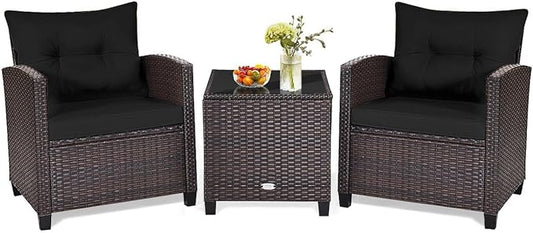 HAPPYGRILL 3 Pieces Patio Conversation Set, Outdoor Furniture Set PE Rattan Sofa Set with Removable Cushions, PE Wicker Chairs with Tempered Glass Side Table for Porch Lawn Garden Balcony Backyard