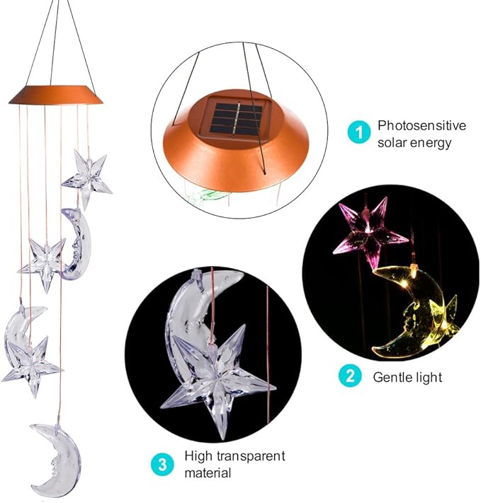 LED Solar Moon and Star Wind Chimes Outdoor - Waterproof Solar Mobile Romantic Changing Color Stars and Moon Wind Chimes Light Decor for Home, Gifts For Mom, Balcony, Festival, Night Garden Decoration