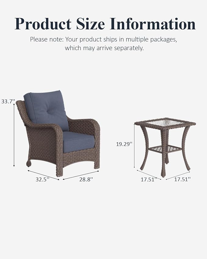 LayinSun 3 Piece Wicker Outdoor Furniture Set with 6-inch Comfy Cushions, High Back Patio Furniture Set with Rattan Armchairs and Side Table