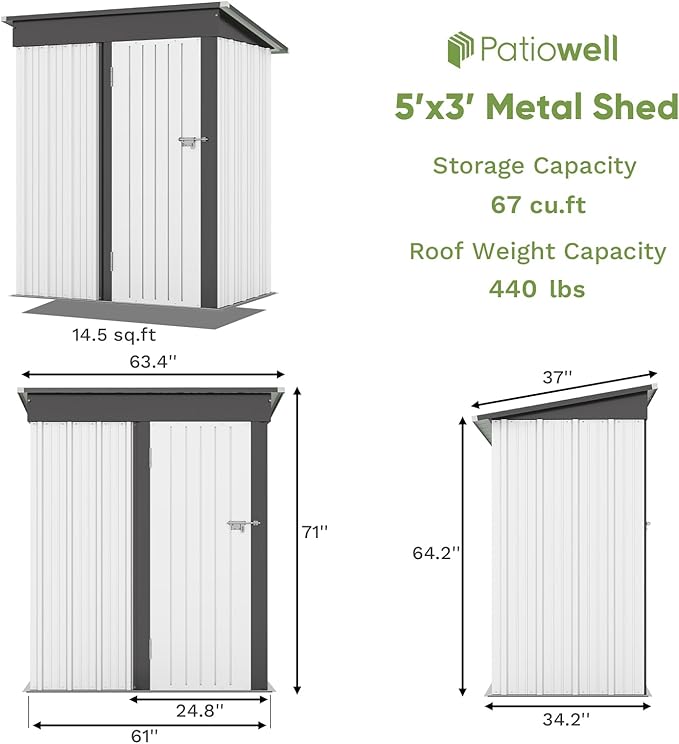 Patiowell 5x3 FT Outdoor Storage Shed, Garden Tool Shed with Sloping Roof and Lockable Door, Metal Shed for Backyard Garden Patio Lawn, White
