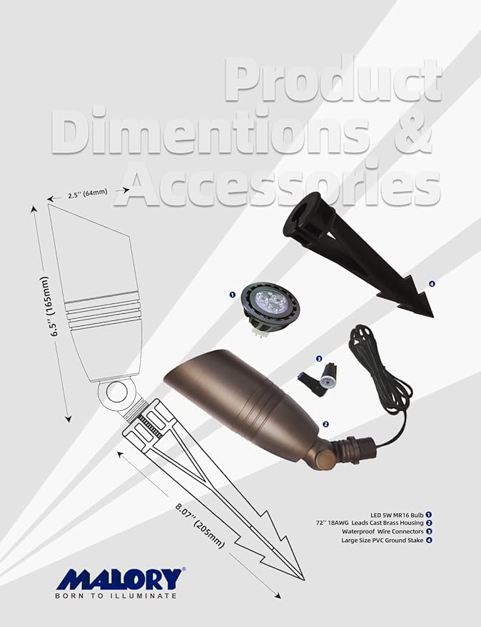 MALORY Brass Landscape Spotlights 4-Pack with Bulb Kit(S02), Low Voltage 12V AC/DC LED Outdoor Spot Uplights for House and Tree,PVC Ground Stake and Wire Connector Included, 5W 2700K Warm White