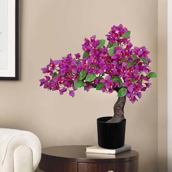 Briful Artificial Bougainvillea Flower Plant 20.8" Bougainvillea Bonsai Tree with Black Pot Silk Bougainvillea Floral Centerpiece for Home Office Room Table Shelf Mantle Decor(Purple)