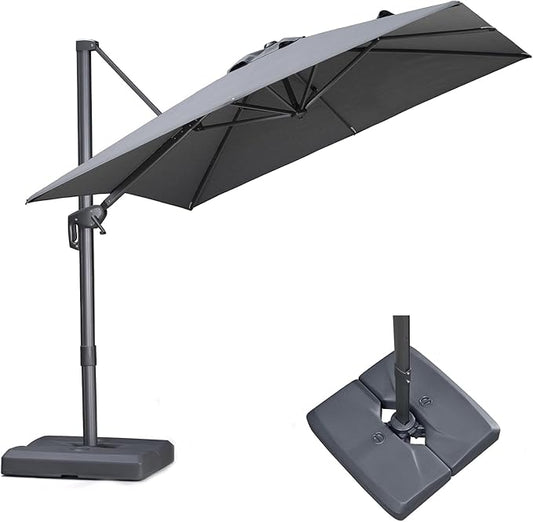 PURPLE LEAF 9 FT Cantilever Patio Umbrella with Base Outdoor Aluminum Offset Square Umbrella with 3 Years Fade Resistance Recycled Fabric and 360-degree Rotation for Deck Pool Garden, Mist Grey