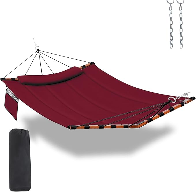 TegerDeger 12FT 2 Person Hammock Large Hammock 450LB Capacity Hardwood Spreader Bar & Nylon Rope for Outside, Patio, Garden, Backyard, Beach, Poolside - Red