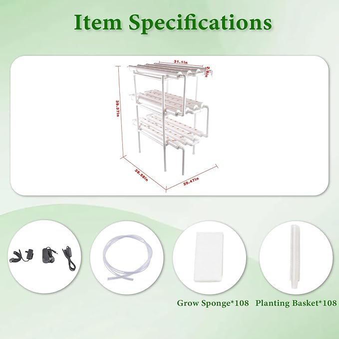 Hydroponic Grow Kit, 3 Layer 108 Plant Sites 12 Food-Grade PVC-U Pipes Hydroponics Planting System with Water Pump, Pump Timer, Nest Basket and Sponge for Leafy Vegetables