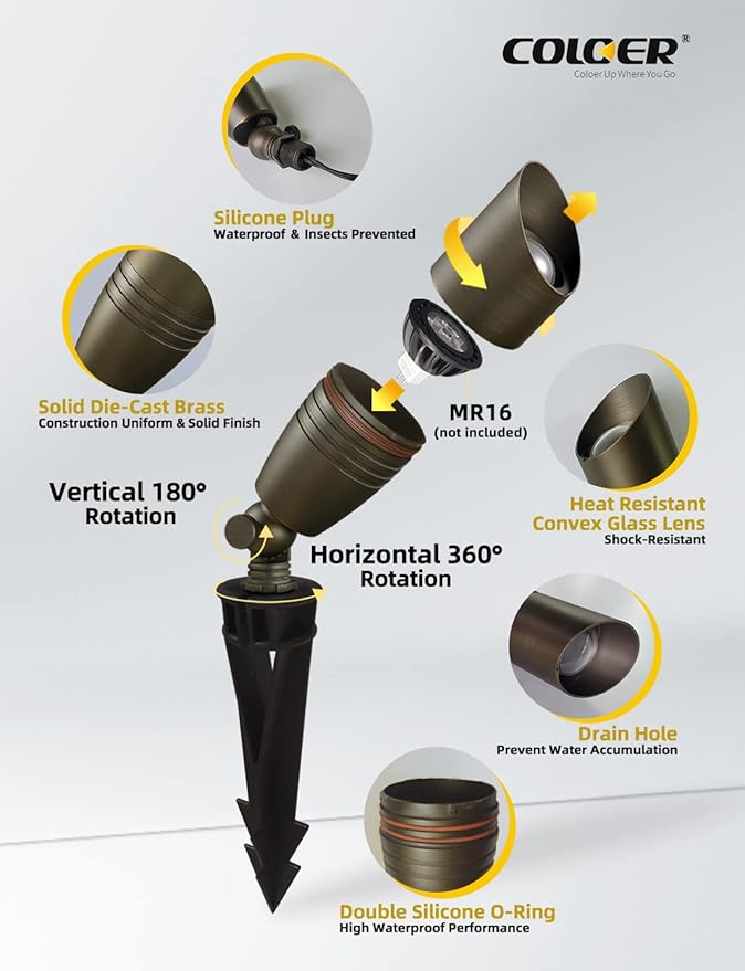 COLOER Die-cast Brass Landscape Spotlights Outdoor, 12V AC/DC Low Voltage Spotlight, IP65 Waterproof Landscape Lighting for Yard, Garden Patio Trees Spot Uplight(102B,6-Pack Without Bulb)