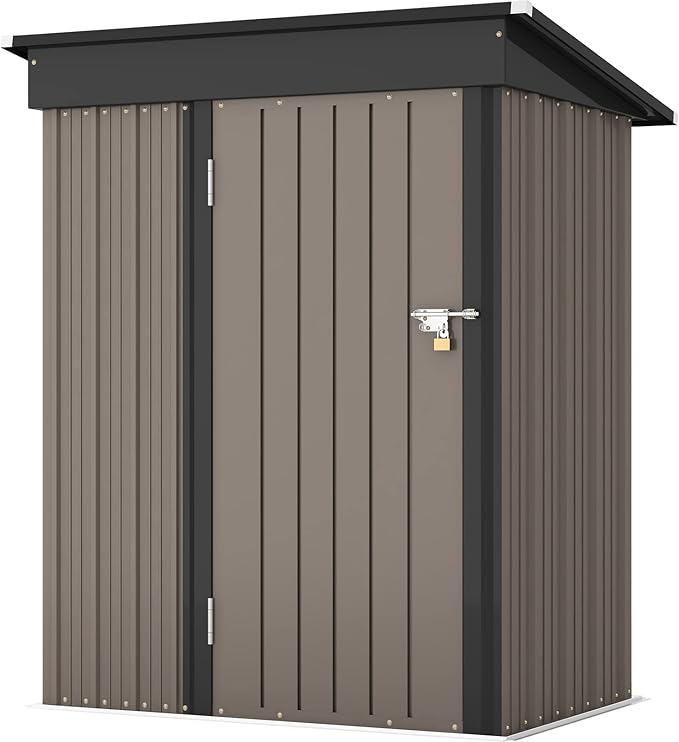Patiowell 5x3 FT Outdoor Storage Shed, Tool Shed with Sloping Roof and Lockable Door, Metal Shed for Backyard Garden Patio Lawn, Brown