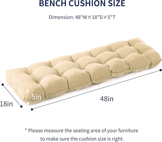 Outdoor Bench Cushion, 48x18x5 Inch, Waterproof Bench Cushion for Outdoor/Indoor Furniture, Tufted Patio Bench Seat Cushion, Fade Resistant Outdoor Cushions for Porch Swing Couch, Beige