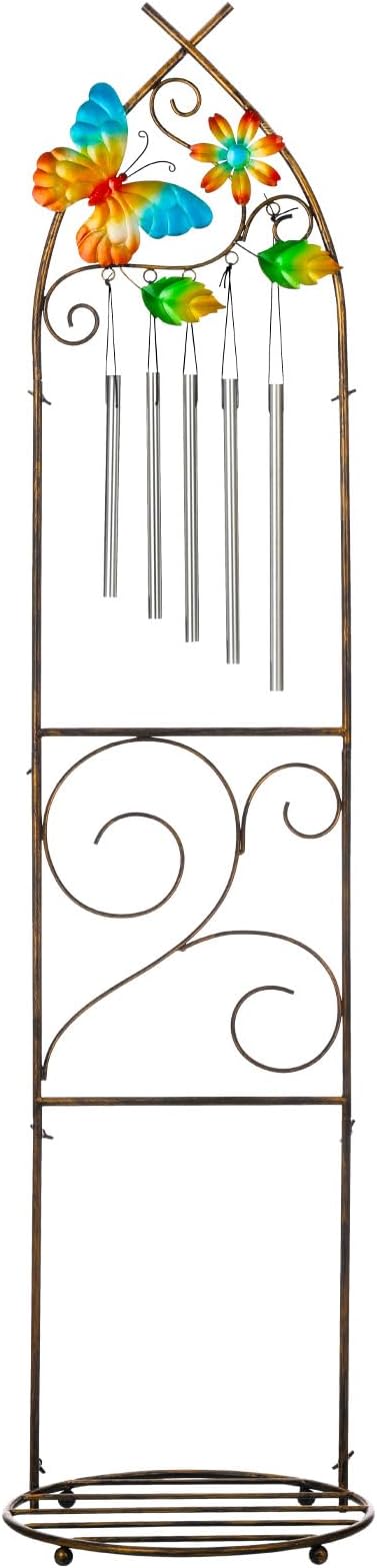 Plant Stands with Garden Trellis, 48” Metal Standing Wind Chimes Plant Pot Trellis with Butterfly for Garden Patio Backyard Climbing Plants Outdoor Decor