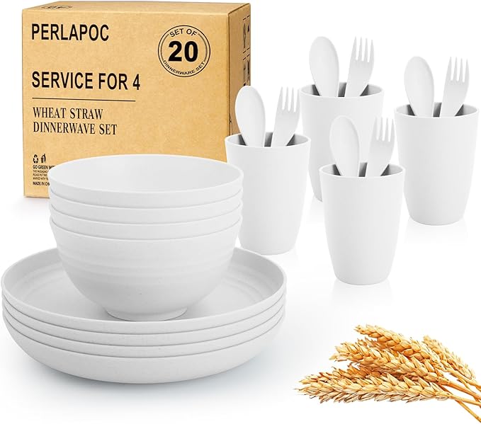Wheat Straw Dinnerware Sets Service for 4 - Plates and Bowls Sets 20-Piece with Dinner Plate, Cereal Bowls and Cups, Microwave & Dishwasher Safe - White