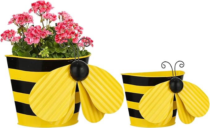 BAYN Set of 2 Bee Wall Hanging Planter Decor Art, Metal Wall Mounted Planters Garden Yard Decorative Flower Pot Indoor Outdoor Wall Planter Succulent Plant Container