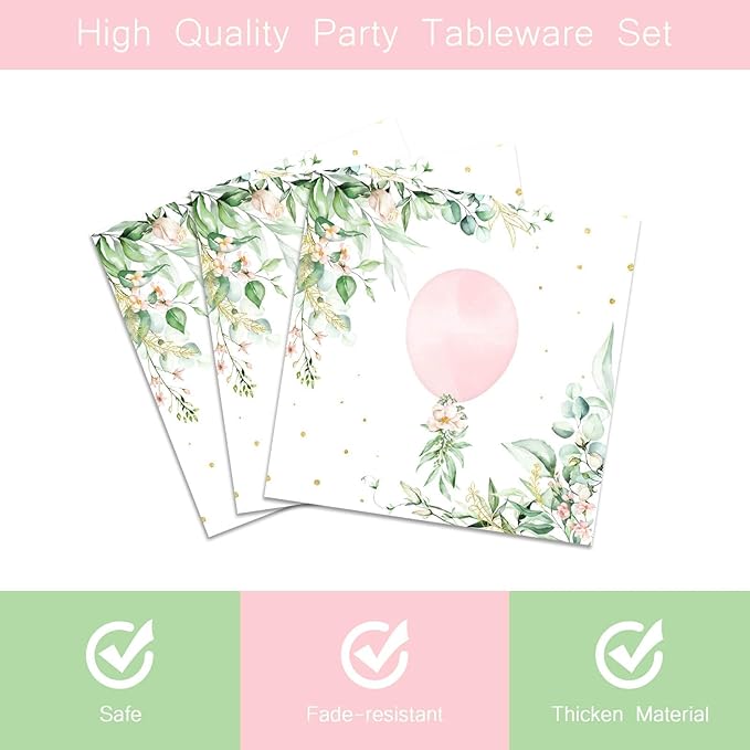 96Pcs Oh Girl Watercolor Pink Balloon Party Supplies Greenery Girls Baby Shower Party Plates Napkins Tableware Botanical Eucalyptus Baby Shower Party Favor