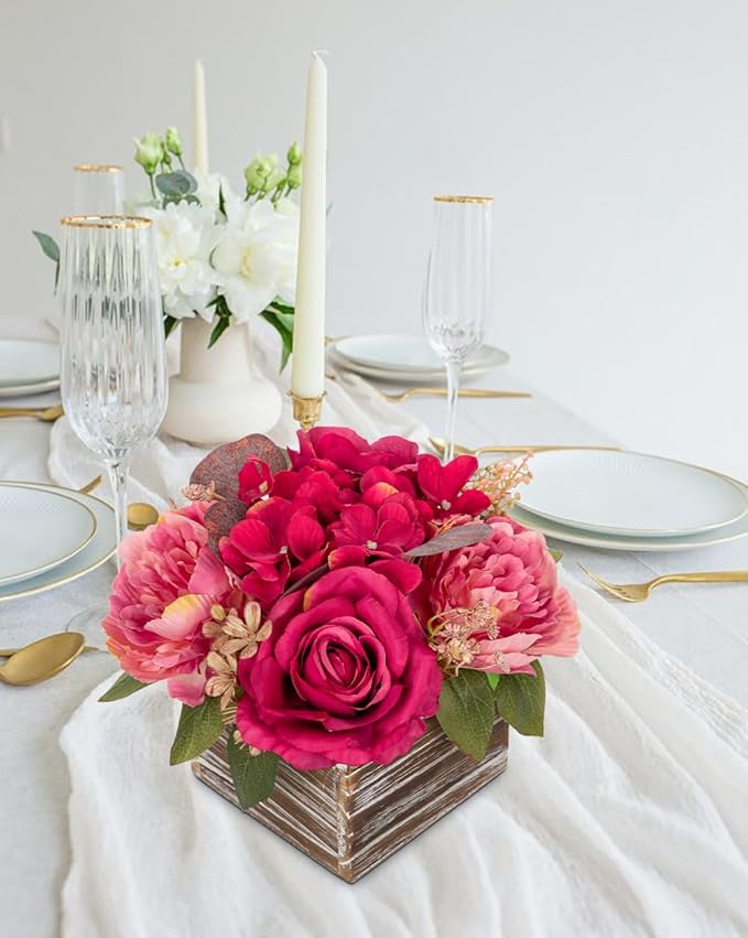 Flower Arrangement with Wooden Vase 8" Artificial Flowers in Pot - Fake Flowers Roses Peonies Hydrangeas in Wooden Vase Potted Artificial Flower Centerpieces for Table Decor Living Room - Hot Pink