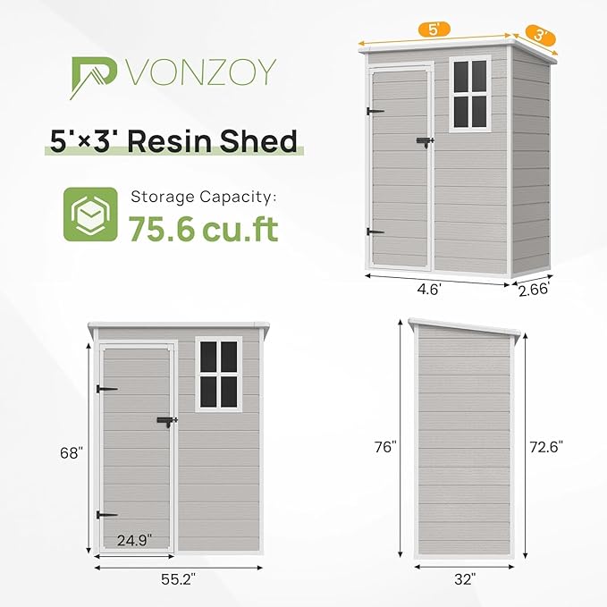 Resin Outdoor Storage Shed with Floor, 5x3FT Plastic Garden Shed, Lockable Door & Window, Waterproof Tool Shed for Bike, Garbage Can, Lawn Mower, Patio Furniture Bedge