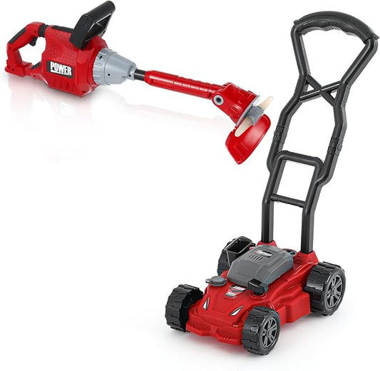 2 Pcs Toy Gardening Tool Set for Kids Toy Weed Trimmer, Push Lawn Mower Battery Powered Gardening Tool Set with Lights and Sounds Gift for Boys Girls