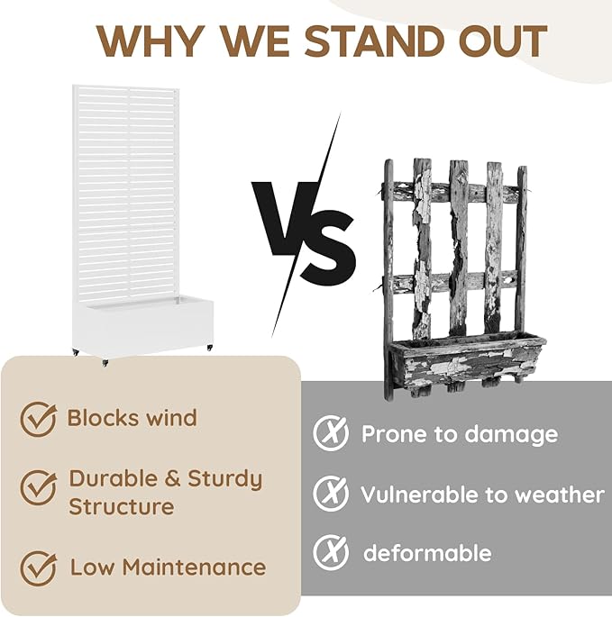 Metal Raised Garden Bed with Trellis & Wheels,70" x 35"x 15.7" Planter Box with Trellis,Privacy Planters for Patio,Garden Bed for Climbing Plants,Suitable for Climbing Plants and Vegetables,White