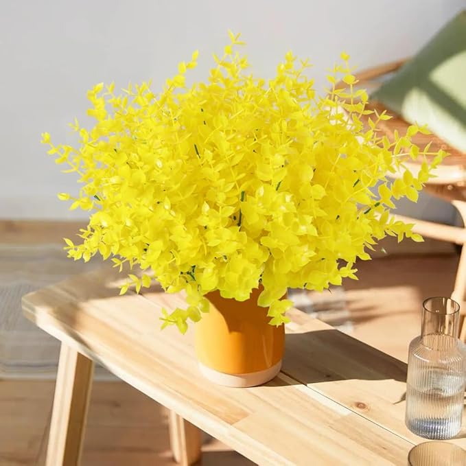 RECUTMS Artificial Flowers, Fake Outdoor UV Resistant Plants Faux Plastic Greenery Shrubs Indoor Outside Hanging Planter Home Kitchen Office Wedding, Garden Decor(Pure Yellow Eucalyptus)
