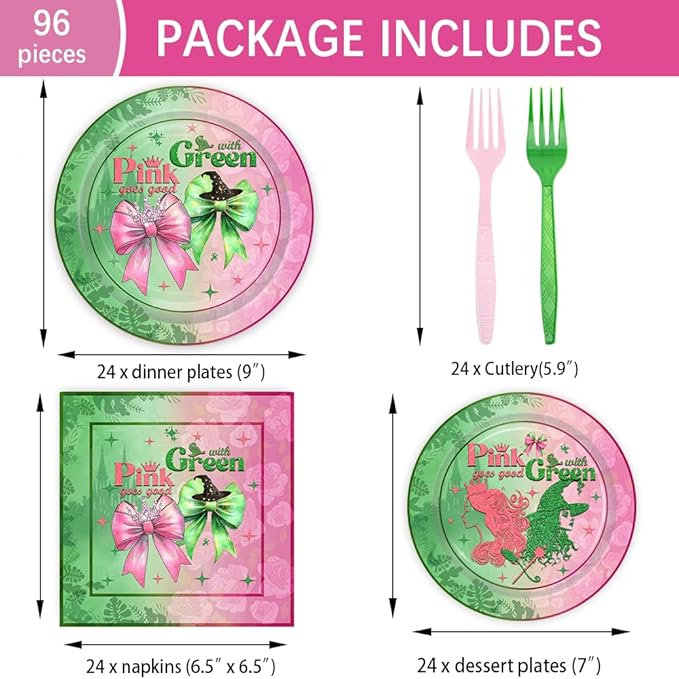 96PCS Pink and Green Party Plates and Napkins Pink Goes Good with Green Birthday Tableware Set Vintgage Castle Witch Party Table Decorations Favors Serves 24 Guests