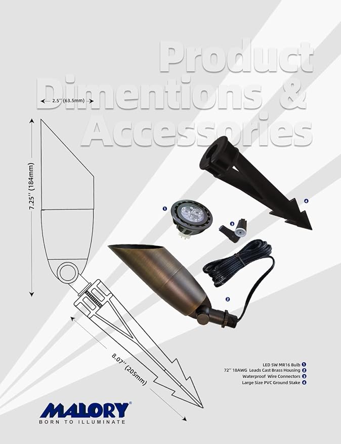 MALORY Solid Brass Landscape Spotlight 6-Pack with Bulb(S06), Low Voltage Front and Backyard Landscape Lighting with Large Rugged Slot Spike & Wire Connector,12V AC/DC Garden Patio Spot Up Light