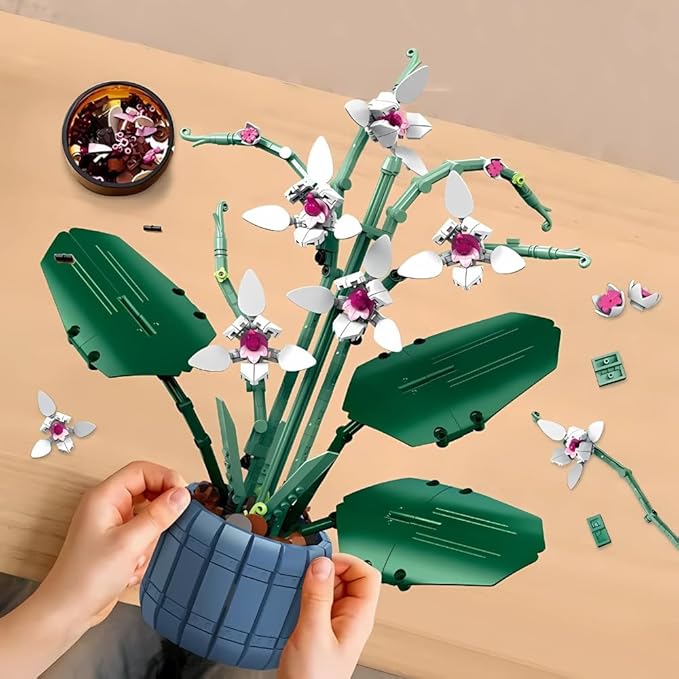DIY Orchid Artificial Plant Building Kit – Creative Botanical Model with Vase, Relaxing Hobby Craft Set for Adults, Building Blocks Compatible with LEGO, Perfect for Home Decor, Birthdays, Anniversary
