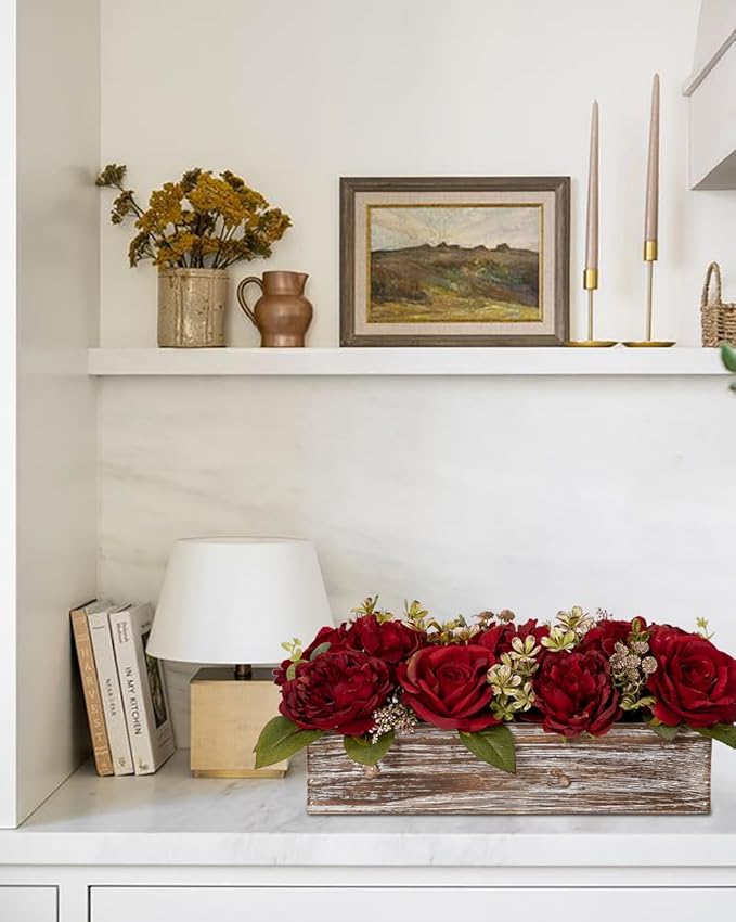 Flower Arrangement with Wooden Vase 14" Artificial Flowers in Pot - Fake Flowers Roses Peonies Hydrangeas in Wooden Vase Potted Artificial Flower Centerpieces for Table Decor Living Room - Red