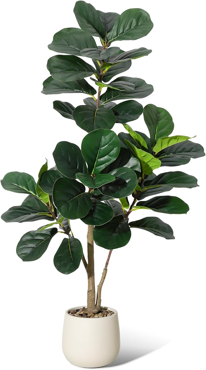 4FT Fiddle Leaf Fig Tree Artificial with 48 Leaves - Realistic Faux Ficus Lyrata Trees in 7.8" White Planter Pot, Indoor Fake Floor Plants for Home Office Living Room Decor, Housewarming Gift