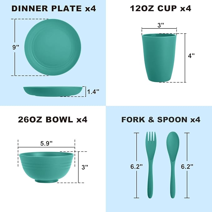 Wheat Straw Dinnerware Sets for 4, Unbreakable & Lightweight Plates and Bowls Sets, Travel Camping Cutlery Set, Dishwasher Microwave Safe 20-Piece Dinnerware - Dark Green