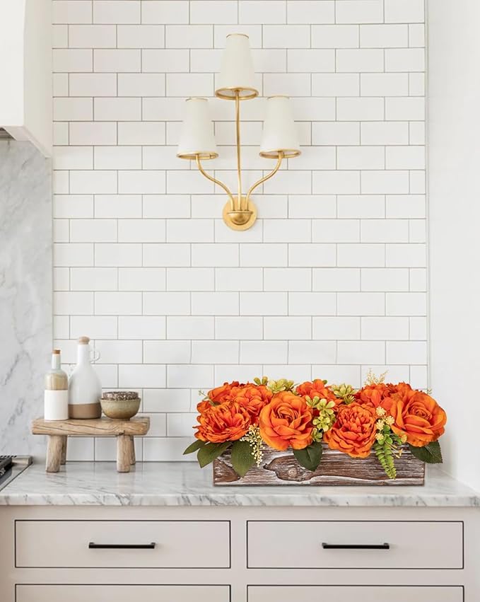 DILATATA Flower Arrangement with Wooden Vase 14" Artificial Flowers in Pot - Fake Flowers Roses Peonies Hydrangeas in Wooden Vase Potted Flower Centerpieces for Table Decor Living Room - Burnt Orange