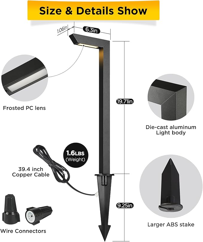 Gardencoin 3CCT LED Low Voltage Landscape Pathway Light, 12V Premium 3000K/4000K/5000K Selectable Path Lights Wired, Modern Walkway Lights Outdoor, Higher Housing with Larger Stake (19.71IN, 4pack)