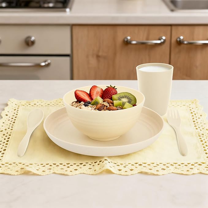 Kitchen Wheat Straw Dinnerware Sets for 4, Unbreakable Dish Set 20-Piece - Dinner Plate/Cereal Bowl/Cup/Fork/Spoon, for Outdoor Camping, RV, Apartment Essentials - Beige