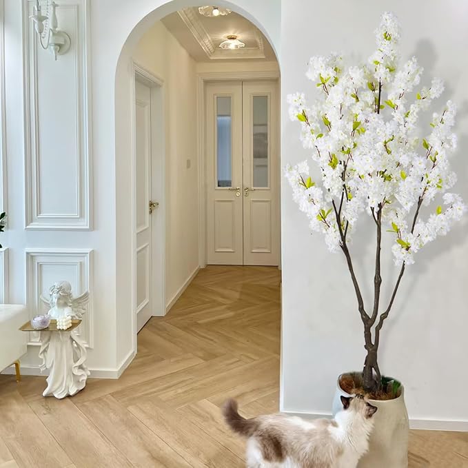 Artificial White Cherry Blossom Tree 6ft(72in) Faux White Flower Tree Indoor Decor Handmade Natural Fake Cherry Tree for Wedding Realistic Cherry Blossom Plant for Home,Living Room,Office Decor