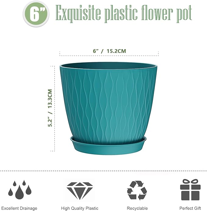 6 Inch Plant Pots, 6 Pack Flower Pots for Indoor and Outdoor Use, Planters with Drainage Holes and Saucers, Black with Speckles