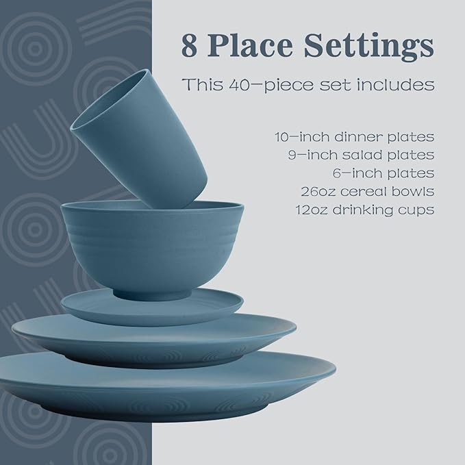 Wheat Straw Dishes Set 40 PCS, Unbreakable Dinnerware Set of 8 - Dinner Plates, Cereal Bowls, Water Cup, Lightweight, Reusable, Microwave & Dishwasher Safe Bowls for Kitchen and Outdoor - Blue